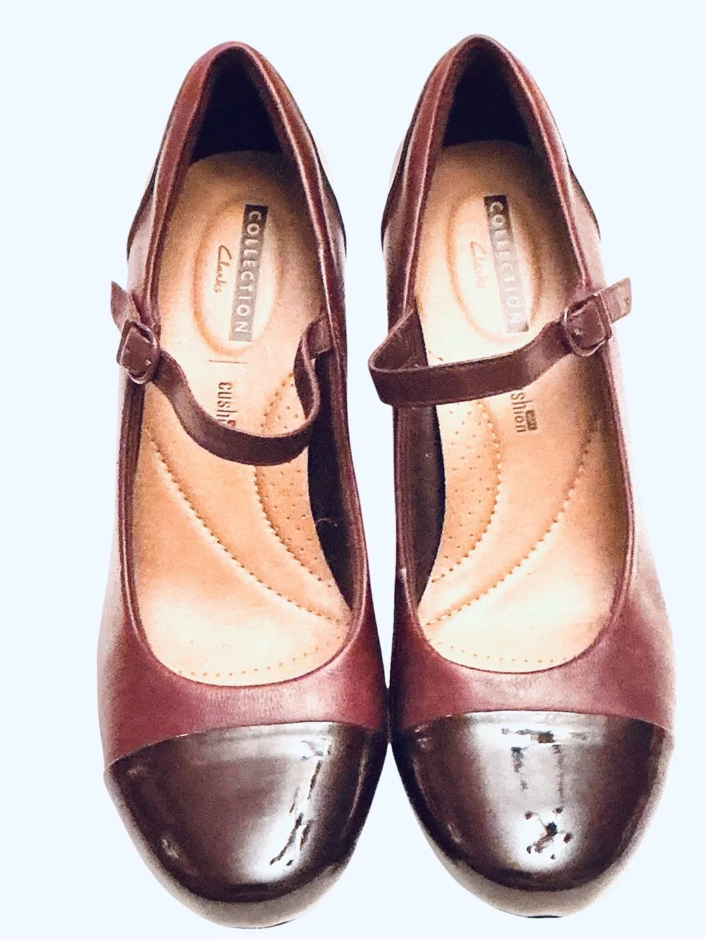 Clarks Burgundy Leather Mary Jane Pump Patent Accents Women’s Size 10 W